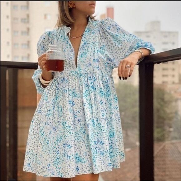 Zara Bloggers Favorite Blue Floral Poplin Dress Size Small - Picture 1 of 13